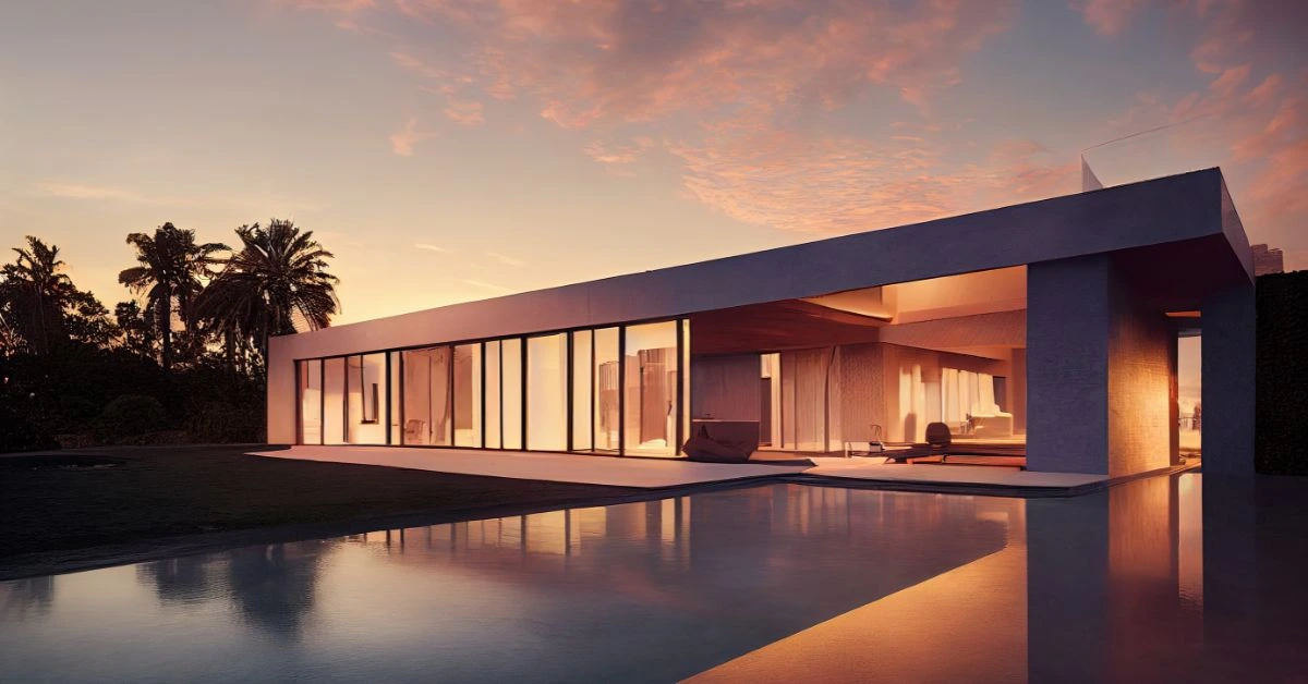 Modern luxury home with large glass windows and pool at sunset reflecting the architecture.